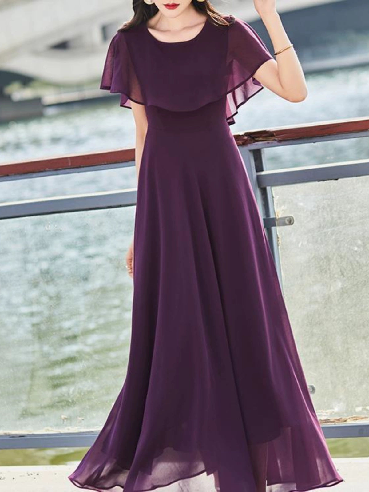 Elegant Purple Commuting Figure Flattering Chiffon Big Swing Maxi Dress