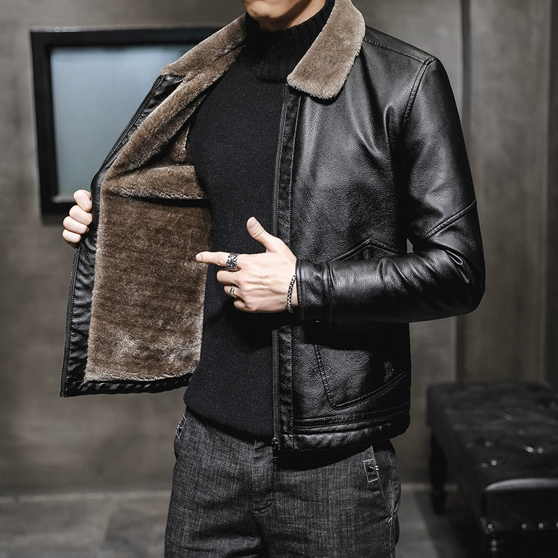 Winter Korean Style Fleece-Lined Thickened Handsome Lambswool Leather Jacket