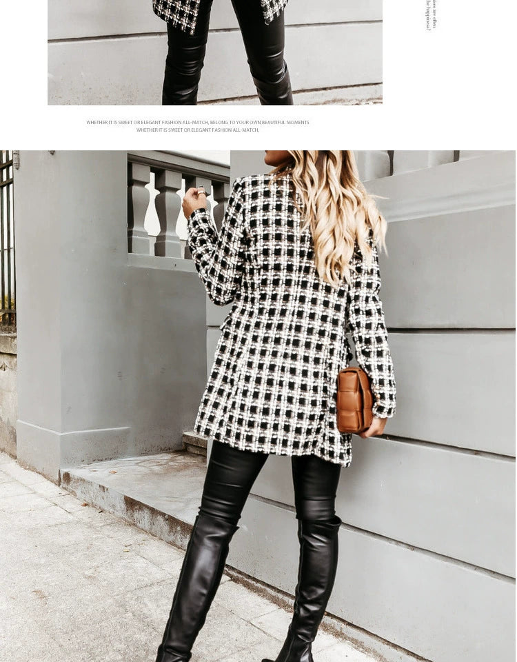 European and American Street Shot Autumn and Winter Women's Houndstooth Vintage Plaid Slim Fit Mid Length Long Length Long-Sleeved Woolen Coat Woolen Coat