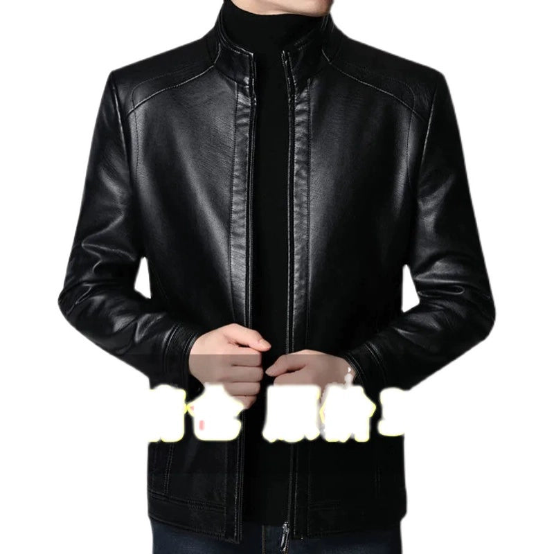 Middle-Aged and Elderly Fleece-lined Winter Reverse Collar Dad Leather Coat