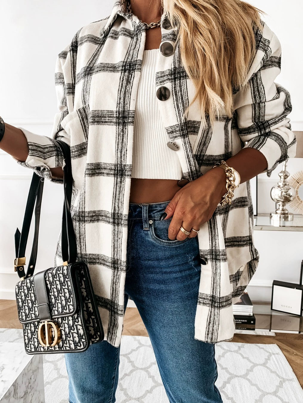 Women Ins Fashion Loose Casual Retro Plaid Long Sleeve Shirt