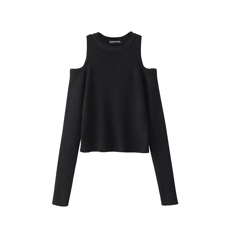 Special-Interest Design Black Slim-Fit High-Waist Off-Shoulder Knitted Sweater for Women