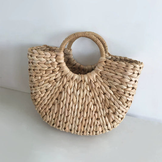 New Straw Bag Corn Husk Hand-Woven Bag Beach Bag Summer Pure Color Satchel Half Moon Women's Bag Hot