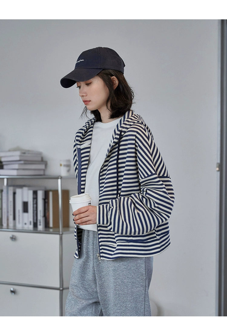 Striped Autumn Dress Loose Preppy Style Long Sleeves Hooded Sweatshirt