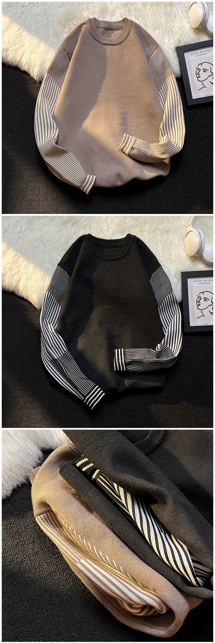 Patchwork Stripes Ins Hong Kong Style Trendy Brand Loose Sweater