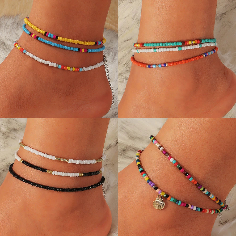 Cross-Border Bohemia Ethnic Style Color Bead Anklet Multi-Layer Hand-Woven Beads Ornament In Stock Ornament