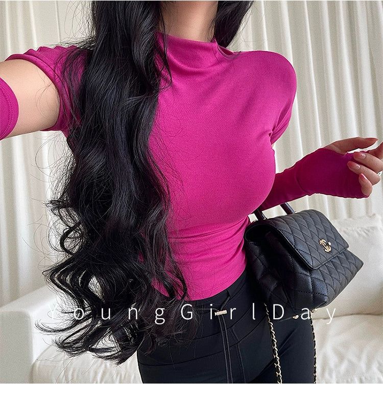 Sexy Small Turtleneck Stretch Ruched Oversleeve Bottoming T-shirt