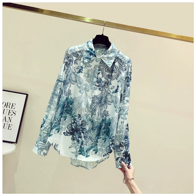 Fashion Floral Print Long Sleeve Loose Satin Silk Shirt