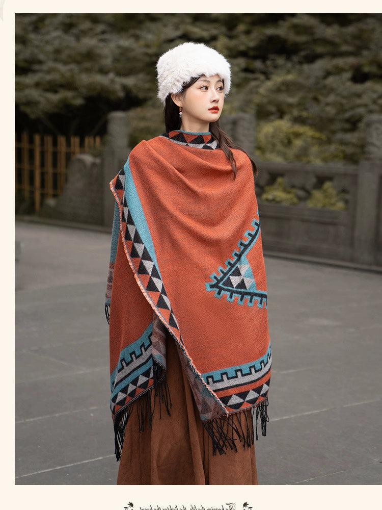 Early Autumn Travel Knit Cloak with Tassel Scarf