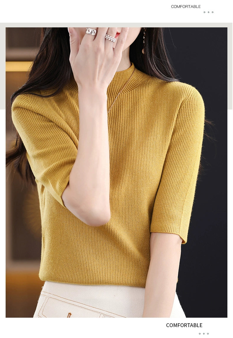 Spring & Fall Half Turtleneck Knitting Short Sleeve Women's Slim-Fit All-Match T-shirt Half Sleeve Shirt 2024 New Arrival Bottoming Shirt Half Sleeve