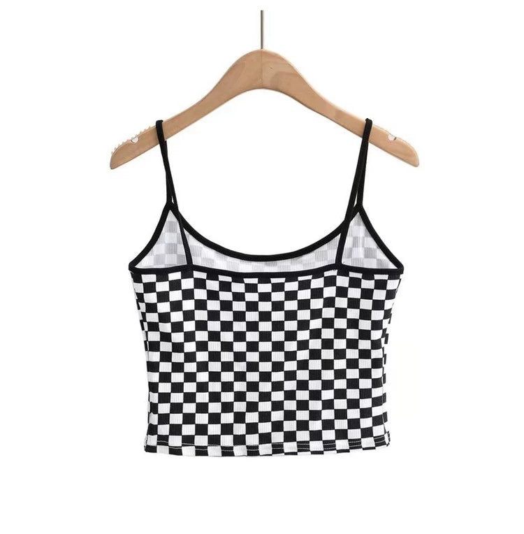 American Retro Chessboard Plaid round Neck Sexy Backless Slim-Fit Figure Flattering Easiest for Match Knitting Short Bottoming Camisole for Women