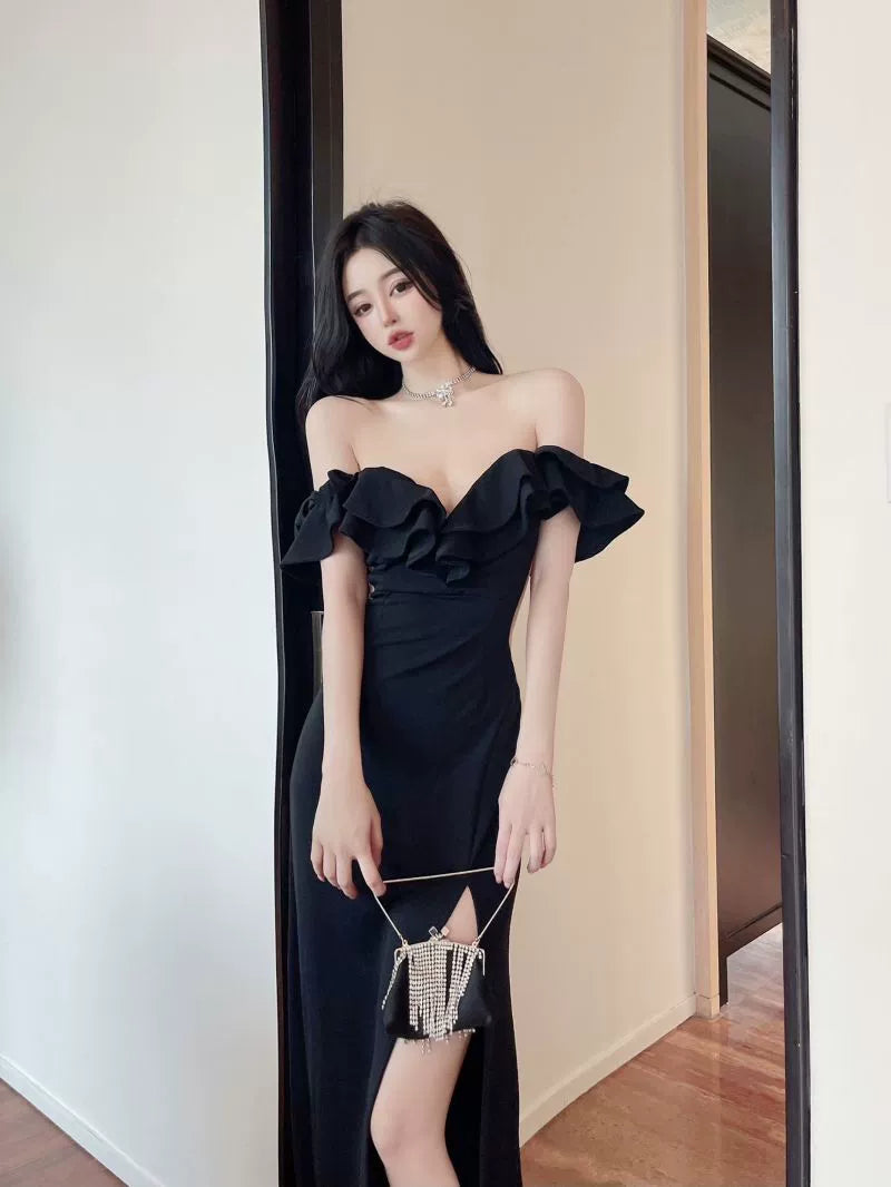 French Style Classy Sexy Open Back off-Shoulder Dress Female Summer Ruffles Temperament Sheath Split Evening Long Dress