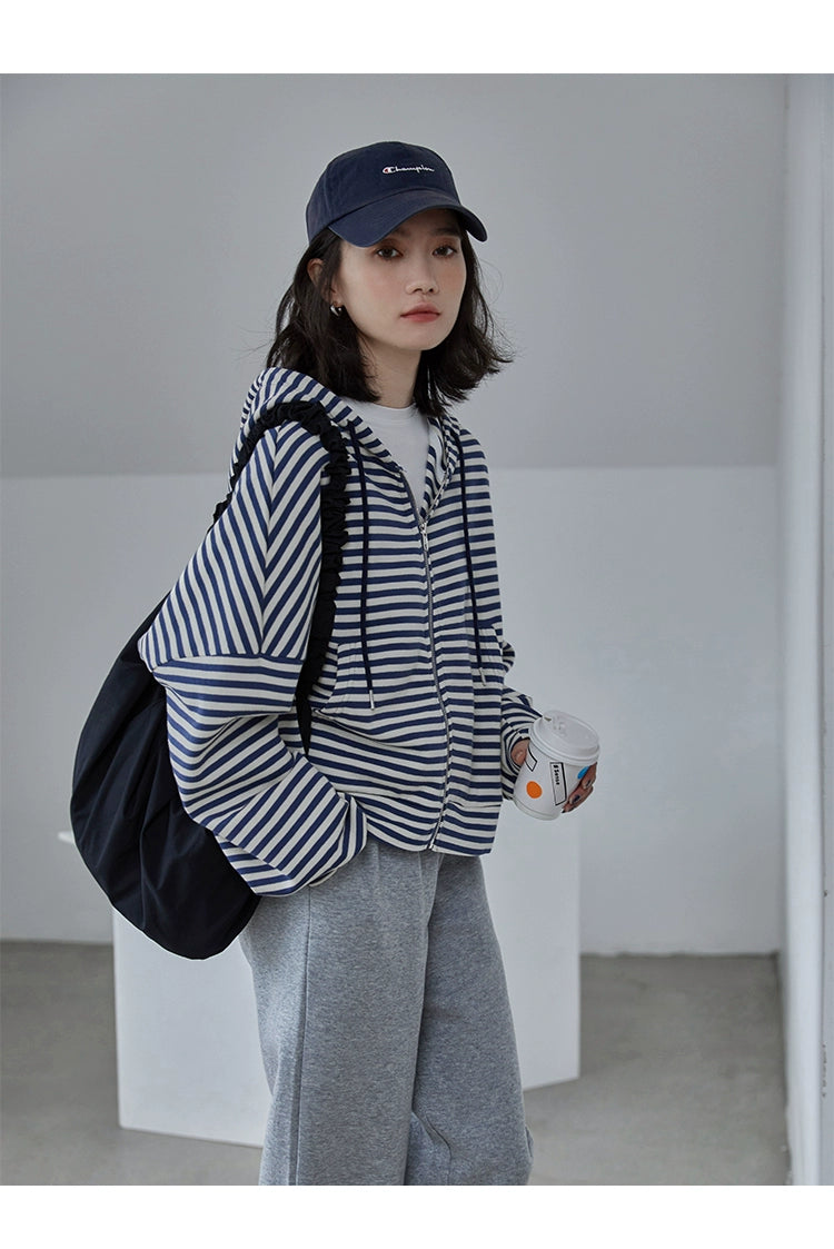 Striped Autumn Dress Loose Preppy Style Long Sleeves Hooded Sweatshirt