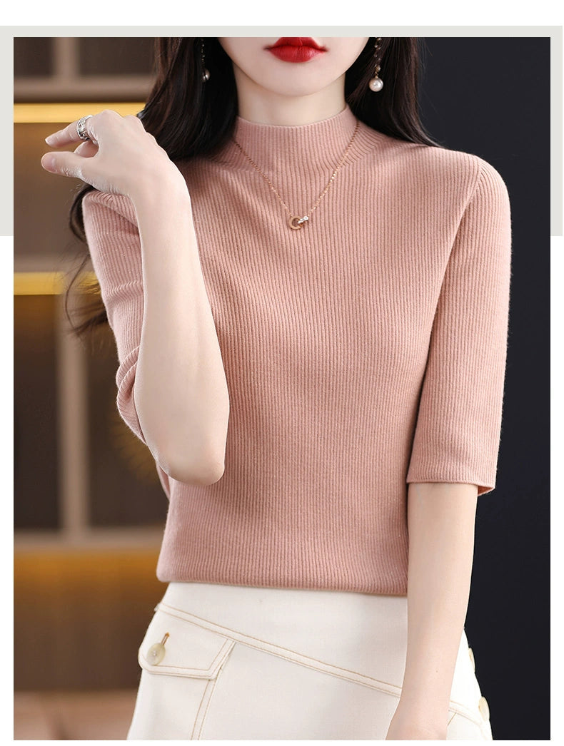 Spring & Fall Half Turtleneck Knitting Short Sleeve Women's Slim-Fit All-Match T-shirt Half Sleeve Shirt 2024 New Arrival Bottoming Shirt Half Sleeve