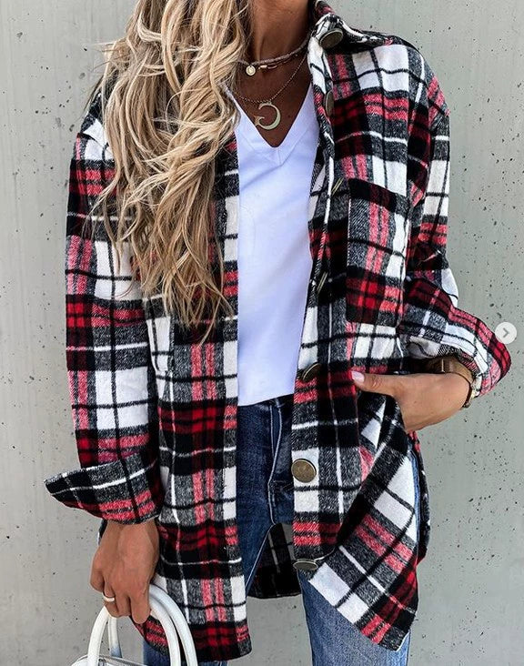 Women Ins Fashion Loose Casual Retro Plaid Long Sleeve Shirt