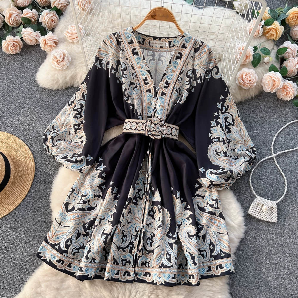 New Arrival French Style Vintage Single-Breasted Lantern Sleeve Dress