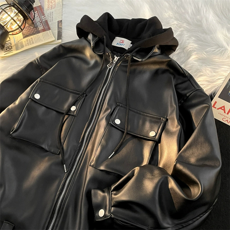 Spring and Autumn Loose American Fake Two-Piece Handsome Leather Coat