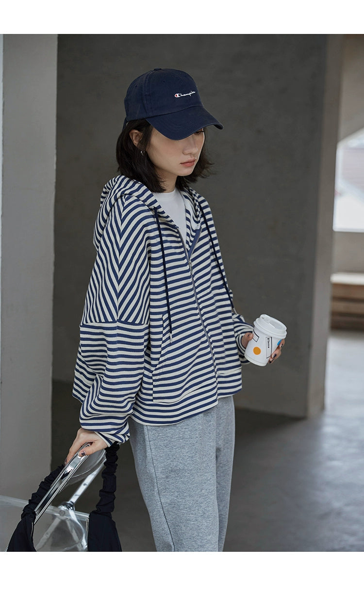 Striped Autumn Dress Loose Preppy Style Long Sleeves Hooded Sweatshirt