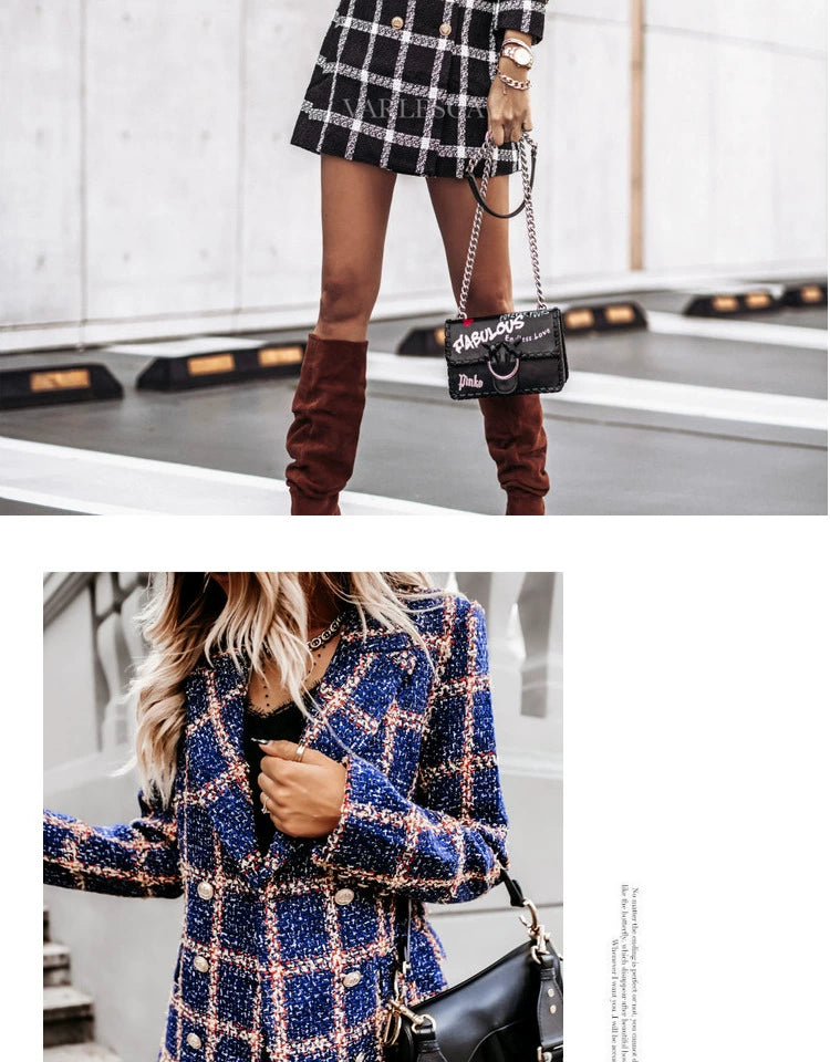 European and American Street Shot Autumn and Winter Women's Houndstooth Vintage Plaid Slim Fit Mid Length Long Length Long-Sleeved Woolen Coat Woolen Coat