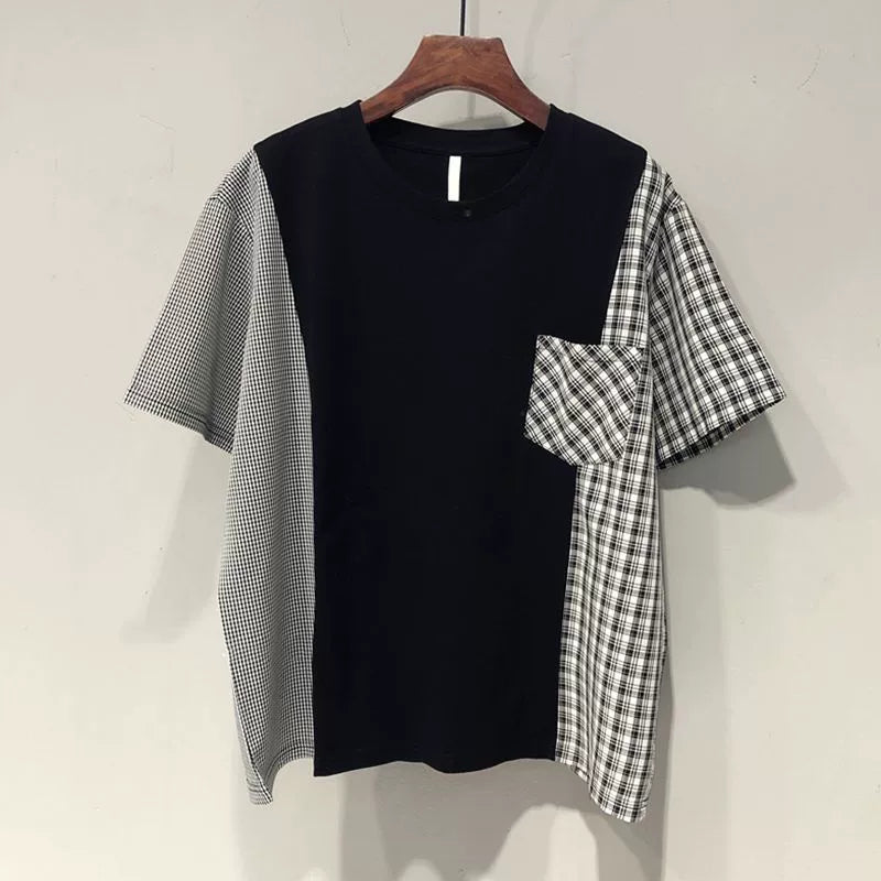 Extra Large Size 150.00kg Fashion Fashion Brand T-shirt Stylish Niche Style Patchwork Loose Slim Looking Casual Fashionable Short Sleeve Tops