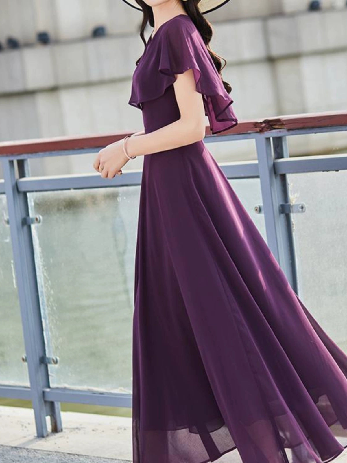 Elegant Purple Commuting Figure Flattering Chiffon Big Swing Maxi Dress