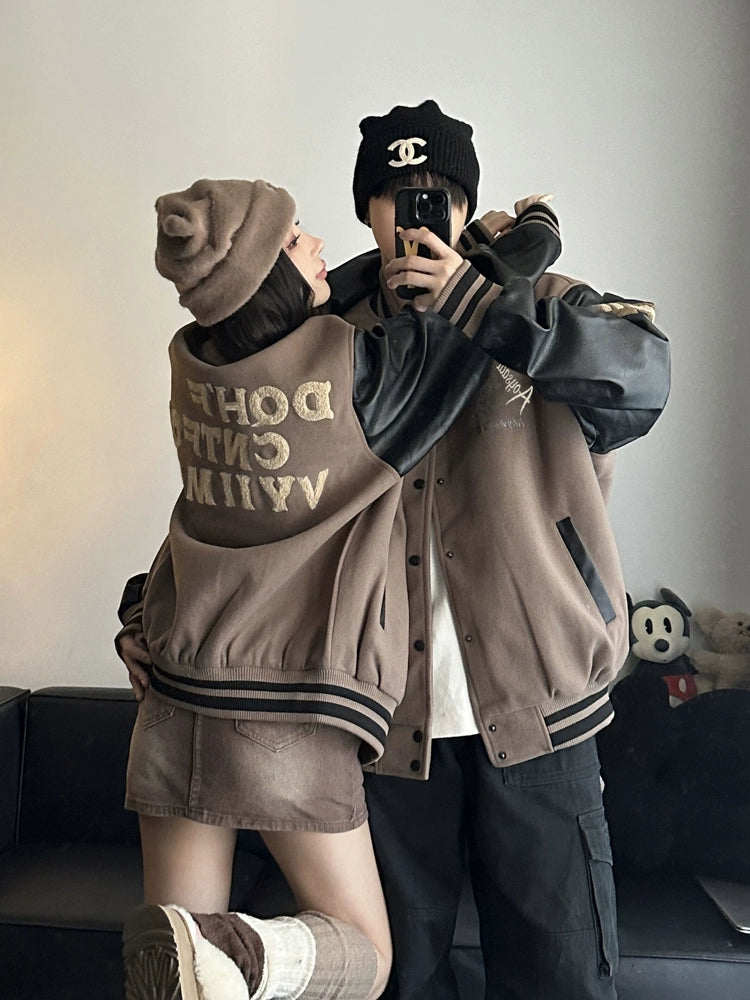 Trendy Couple Wear Spring & Fall Loose PU Leather Baseball Uniform