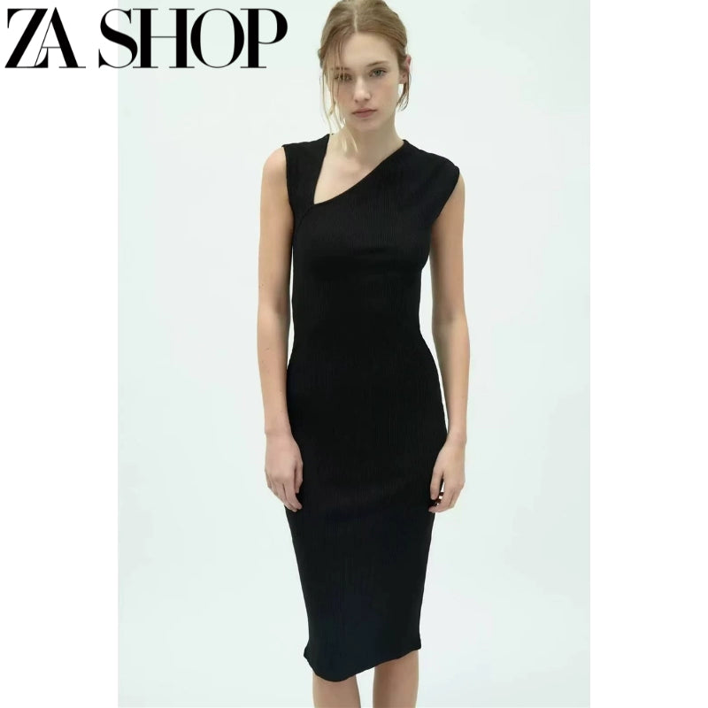 Za New Sexy Asymmetric Shoulder Sleeveless Vest T-shirt Skirt Skinny Sheath Midi Skirt Dress 5584179