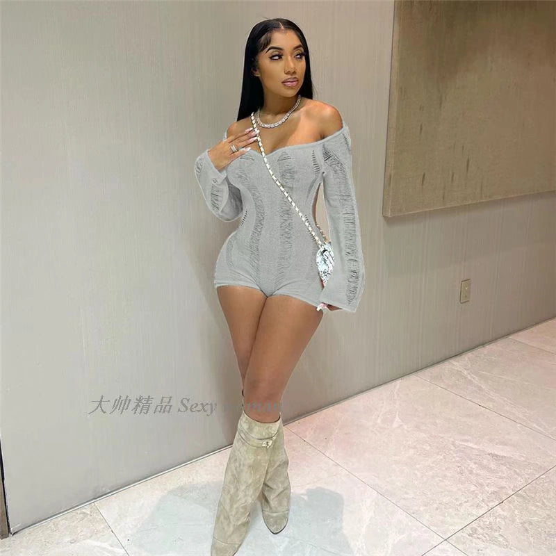 Knitted Slim Fitting Jumpsuit off-Shoulder Hollow-out Ripped Open Back Knitting Jumpsuit Women