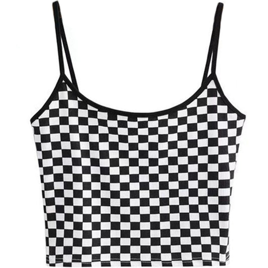 American Retro Chessboard Plaid round Neck Sexy Backless Slim-Fit Figure Flattering Easiest for Match Knitting Short Bottoming Camisole for Women