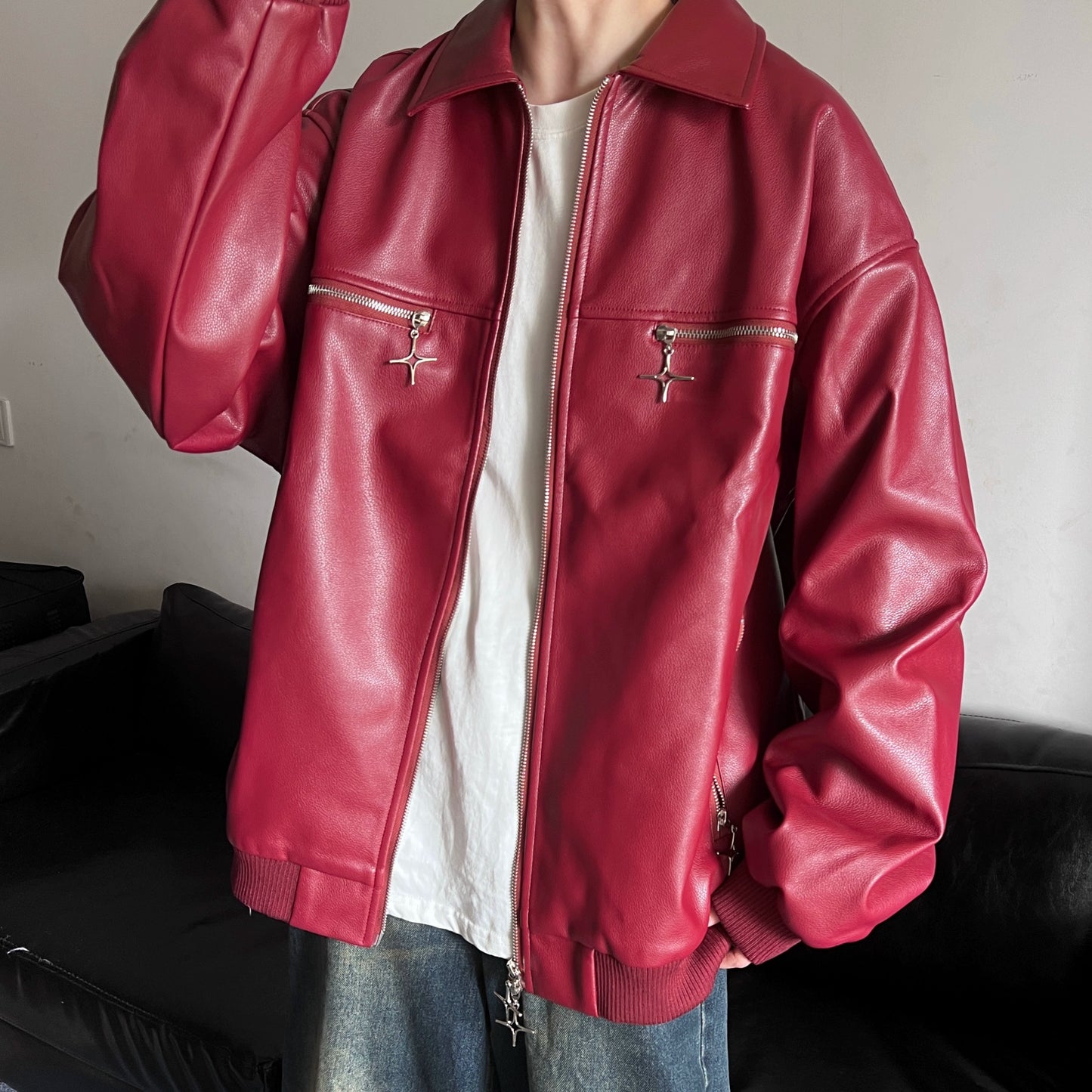 Fall Wine Red Niche Style Metal Zipper Handsome Leather Coat