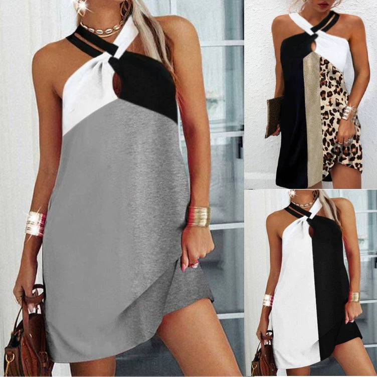 Printed Sleeveless Casual Colorblock Halter A- Line Dress