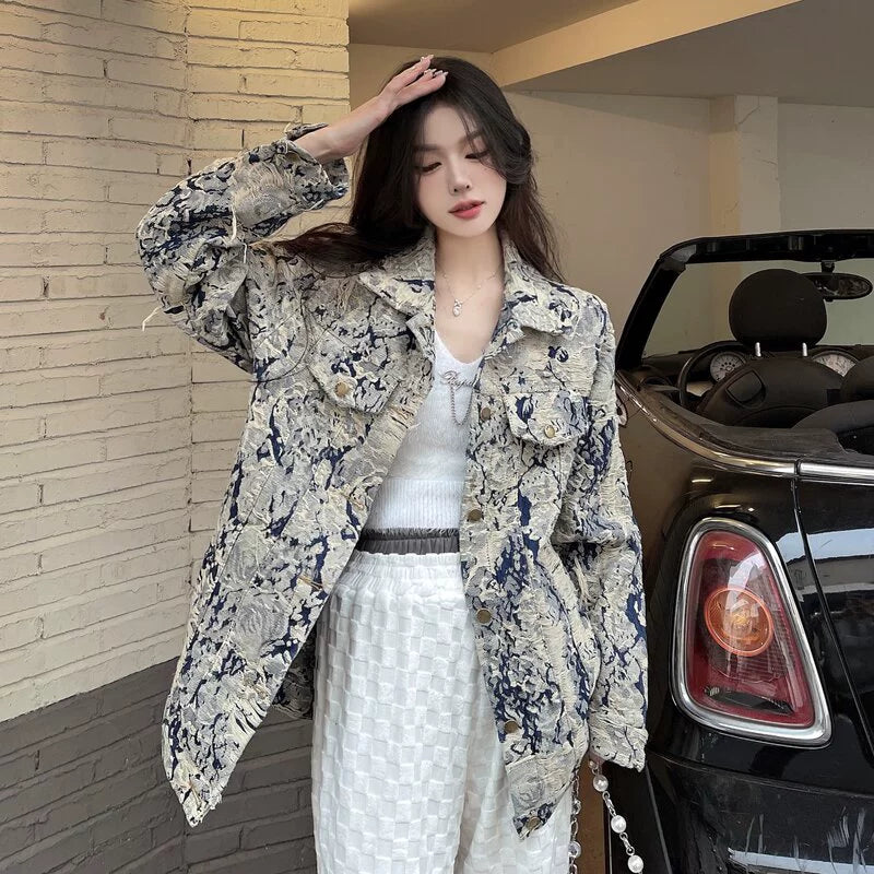 Denim Coat Women's New Spring and Autumn Fashion Print Jacket Cardigan Stylish Niche Loose Elegant Top