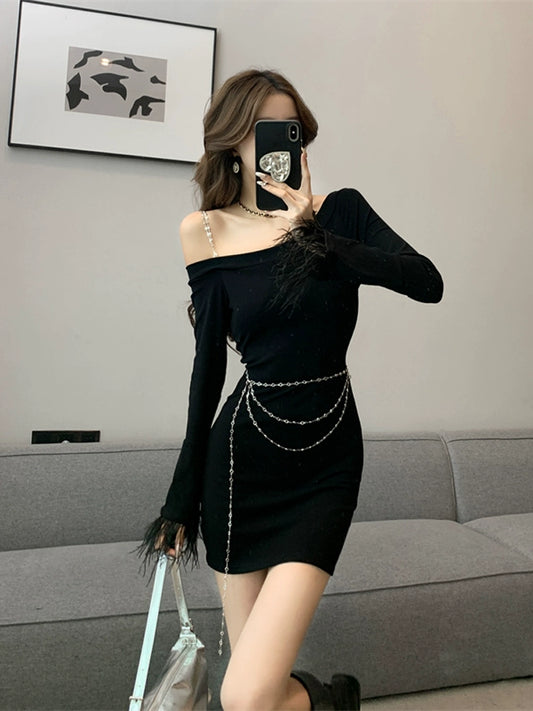 2023 New Sexy Black Slim-Fit Long Sleeve Dress