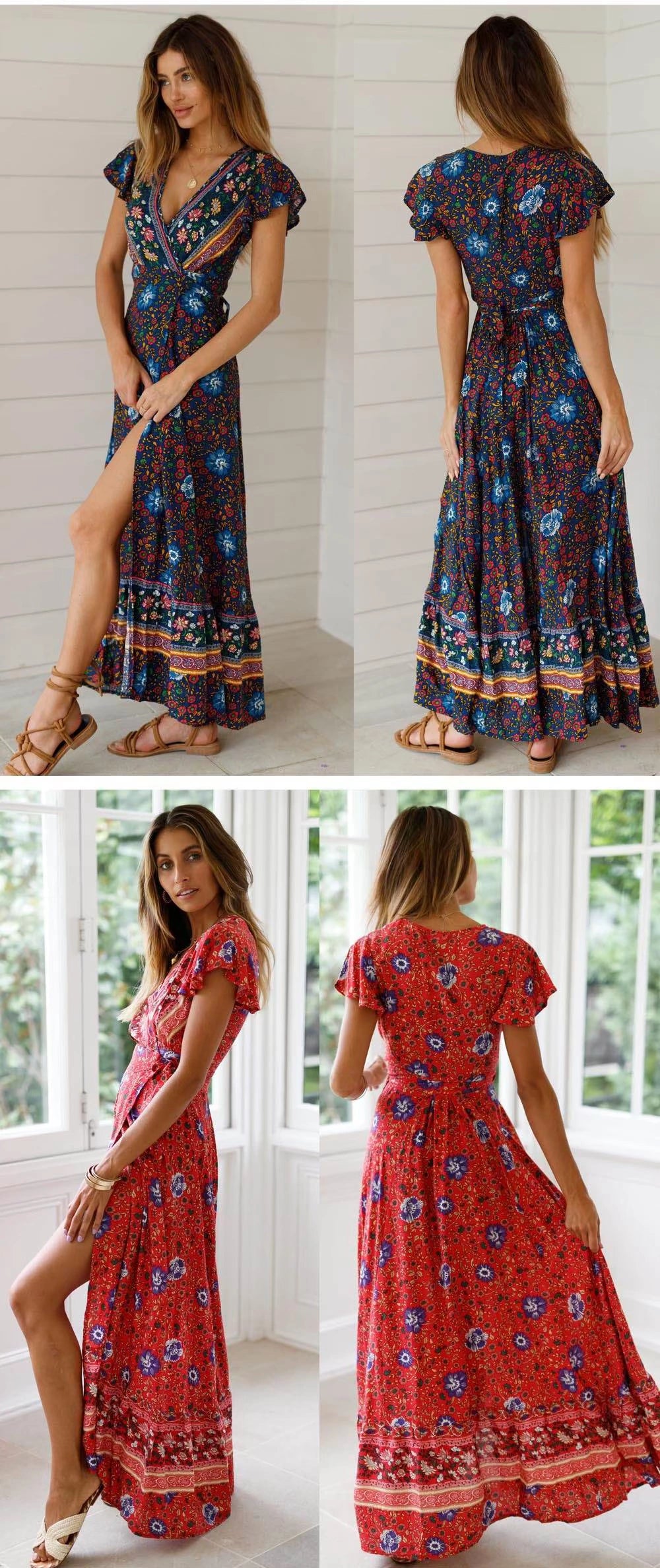 Short Sleeve Dress New Summer New Vacation V Neck Cardigan Strap Dress Print Beach Dress Long Skirt