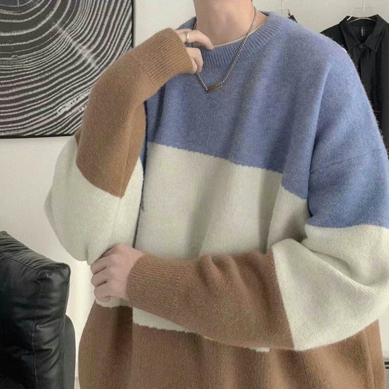 Hong Kong Style Color Stitching Thickened Keep Warm Inner Match Loose-Fit Sweater