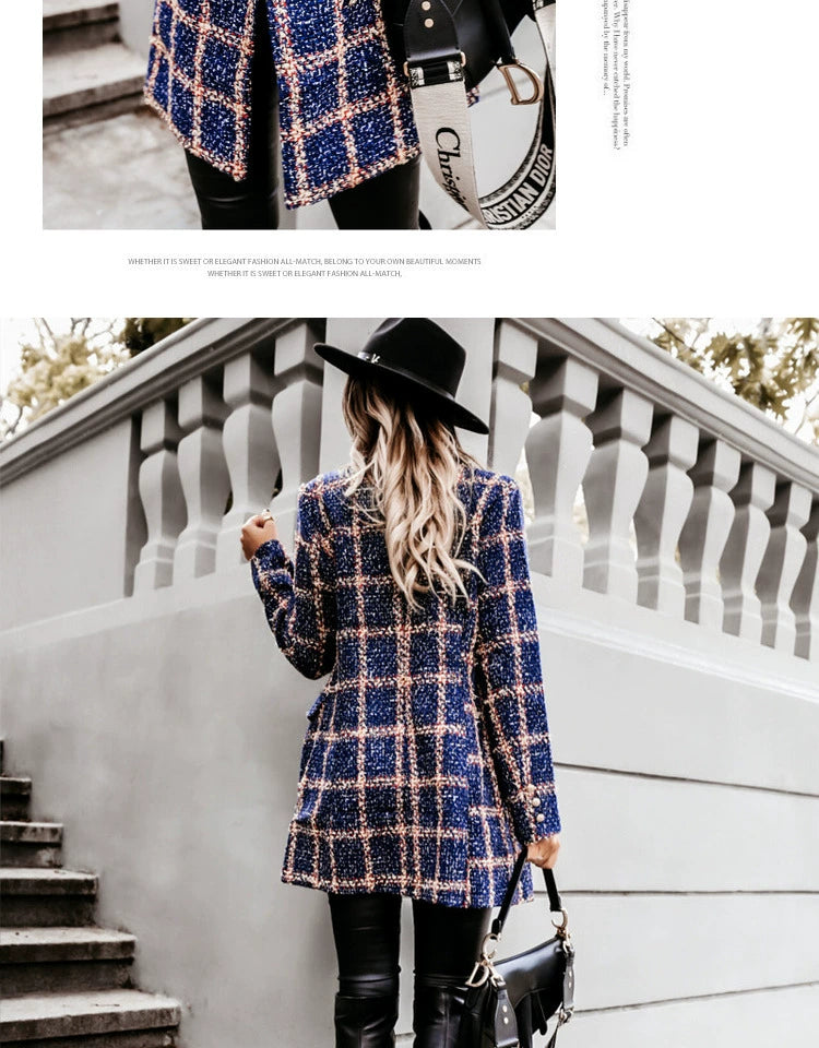 European and American Street Shot Autumn and Winter Women's Houndstooth Vintage Plaid Slim Fit Mid Length Long Length Long-Sleeved Woolen Coat Woolen Coat