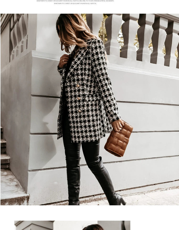 European and American Street Shot Autumn and Winter Women's Houndstooth Vintage Plaid Slim Fit Mid Length Long Length Long-Sleeved Woolen Coat Woolen Coat