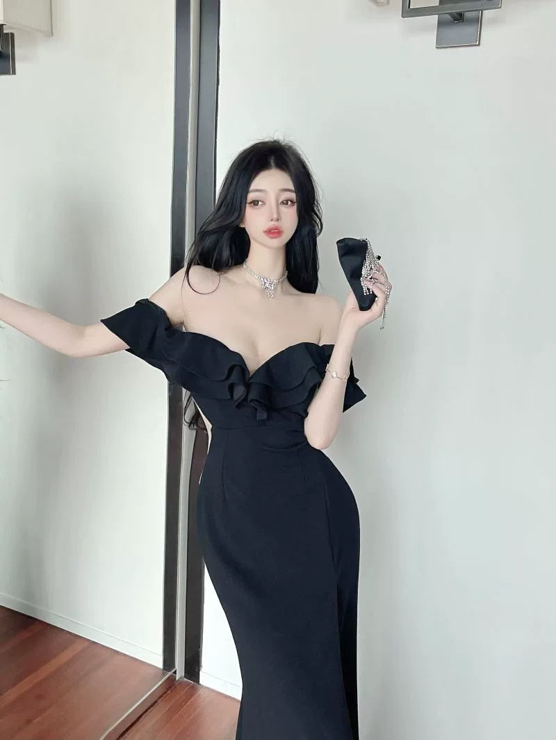 French Style Classy Sexy Open Back off-Shoulder Dress Female Summer Ruffles Temperament Sheath Split Evening Long Dress