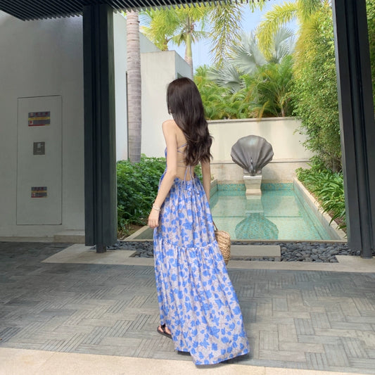 Seaside Holiday Backless Beach Skirt Summer Female Sanya Yunnan Travel Photo Slim Looking Bohemia Sling Dress