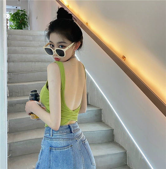 Sexy Backless Seaside Small Sling Vest with Chest Pad Suit Underwear That Makes Your Back More Beautiful Outwear Summer Bottoming Short Tops Women