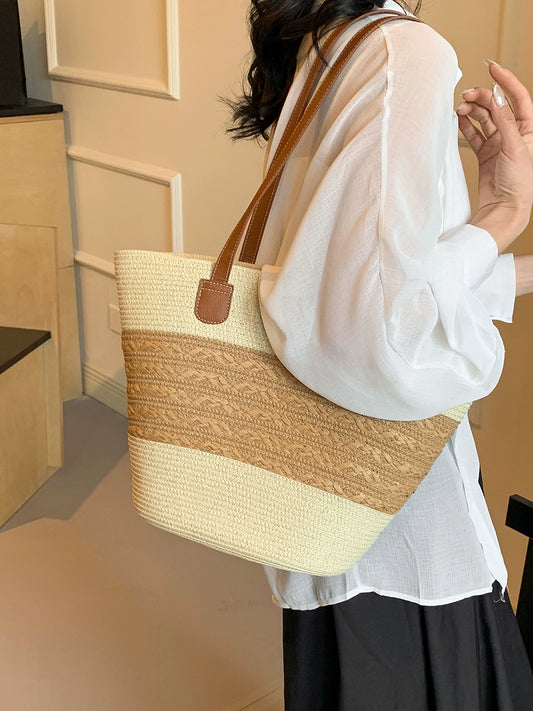 Straw Woven Bag Women's Large Capacity 2024 New Arrival Woven Beach Bag Single Shoulder Vegetable Basket Bucket Bag Commuter Tote