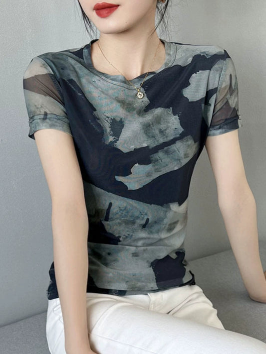 T-shirt Short Sleeve Summer New Print Slim Mesh