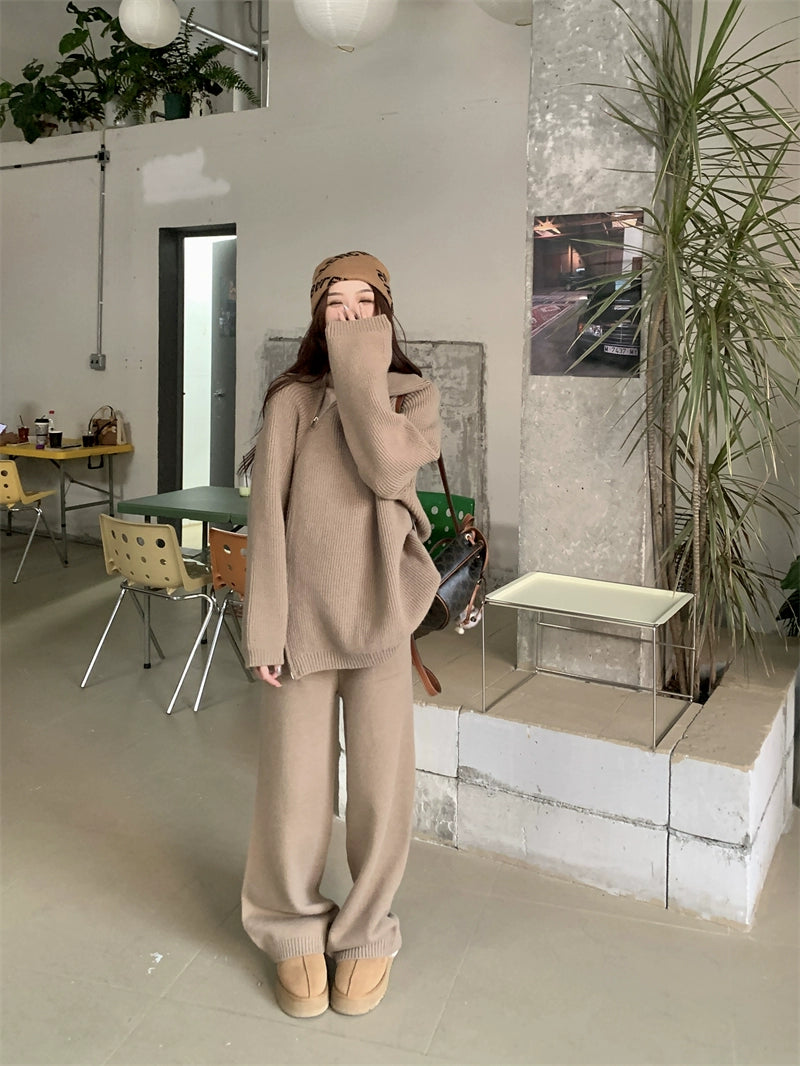 Suitable for Pregnant Women Suit Loose and Idle Side Zipper Turtleneck Knitting Sweater Loose Pants Two Piece Set for Pregnant Women