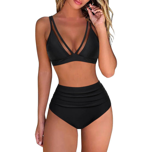 High Waist Bikini Mesh Stitching Sexy European and American Backless Ruched Amazon Swimsuit