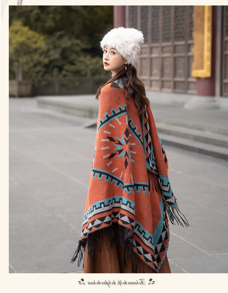 Early Autumn Travel Knit Cloak with Tassel Scarf