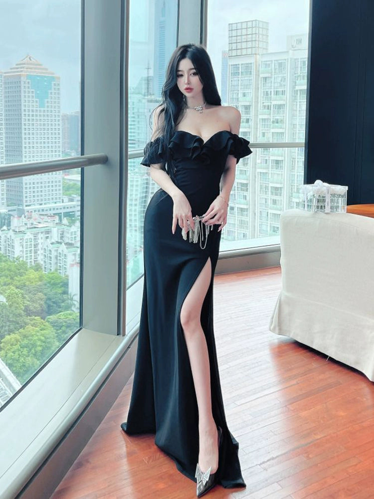 French Style Classy Sexy Open Back off-Shoulder Dress Female Summer Ruffles Temperament Sheath Split Evening Long Dress