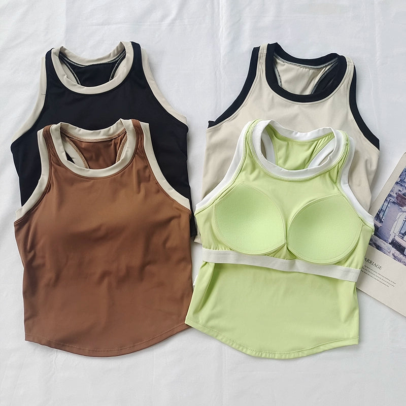 New Color Matching Sports Vest Women One-Piece Shockproof Workout Clothes Quick-Drying Fixed Cup Running Training Yoga Top