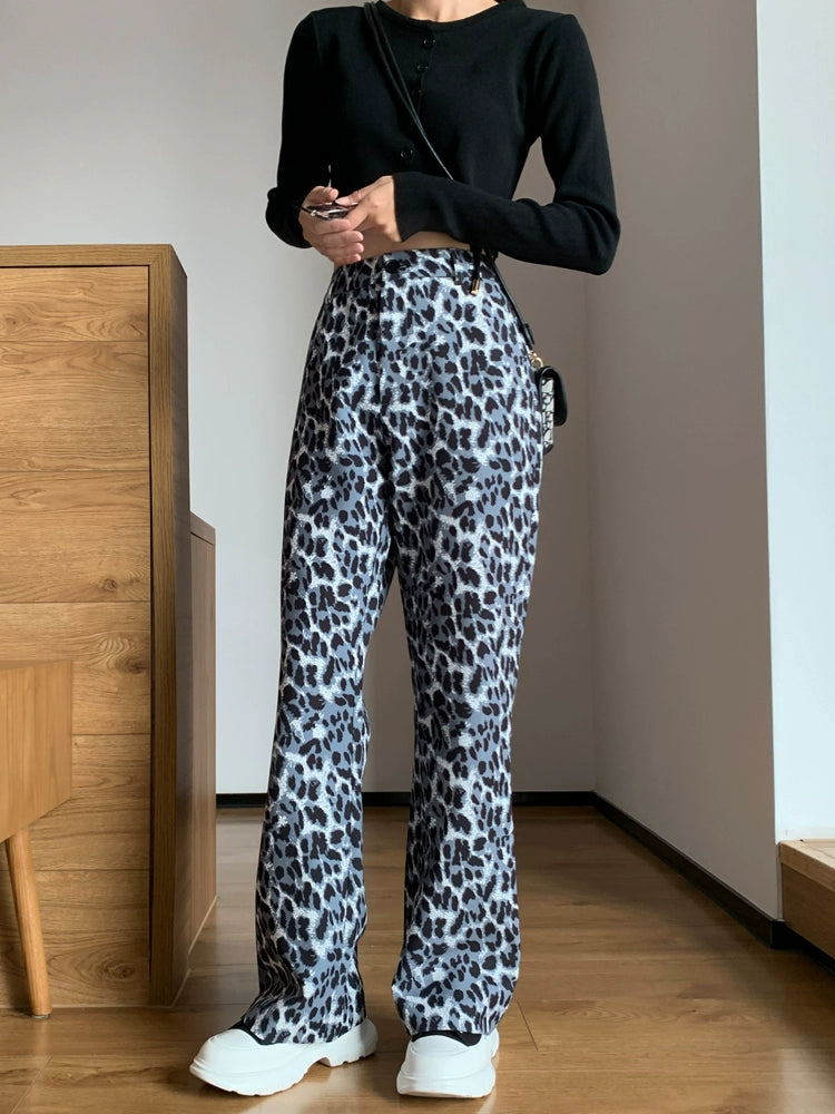 Women's High-End Leopard Print Trumpet Pants - High Waist, Casual, Slimming Drape, Retro Spring 2024 Mopping Pants