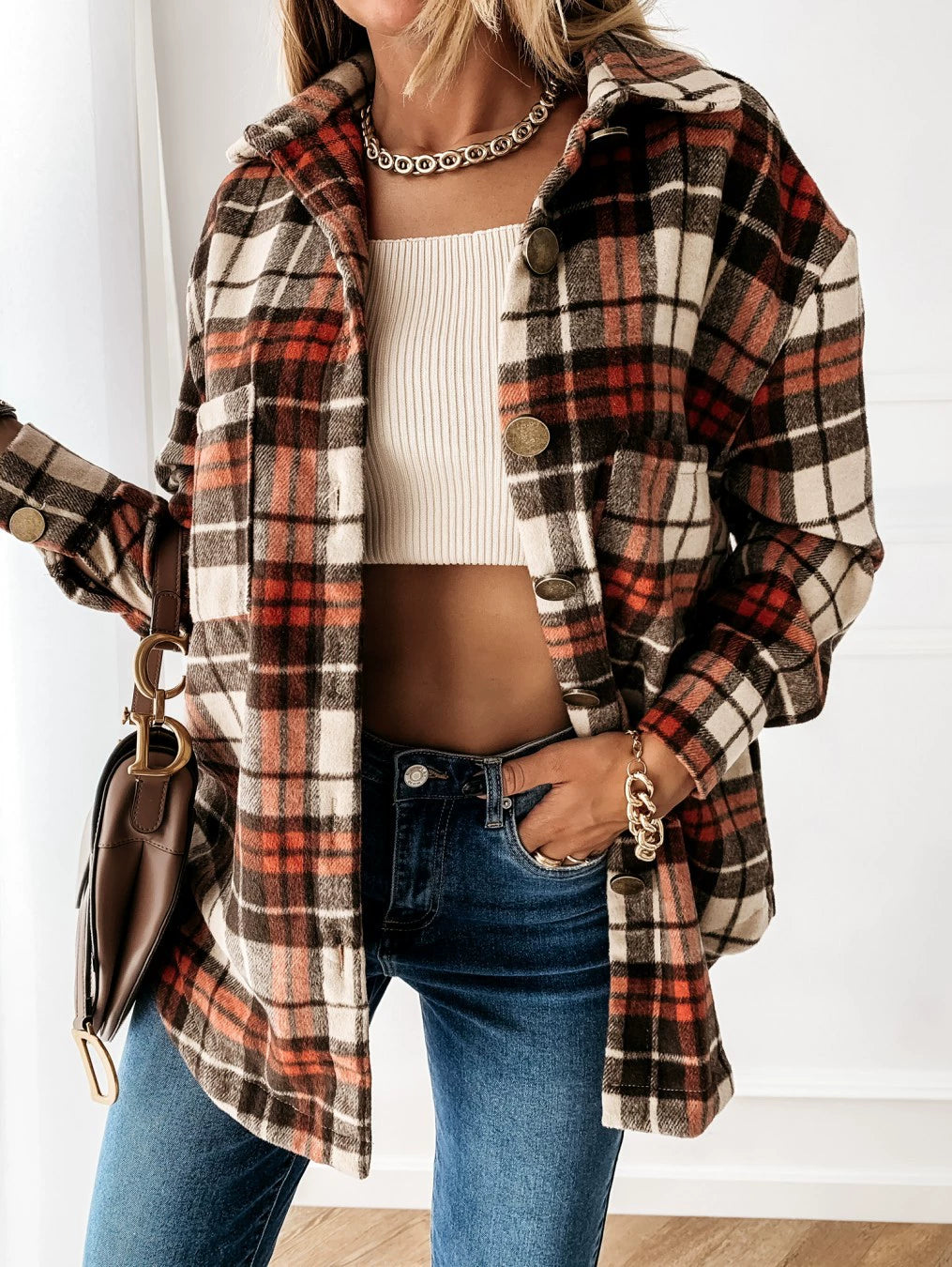 Women Ins Fashion Loose Casual Retro Plaid Long Sleeve Shirt