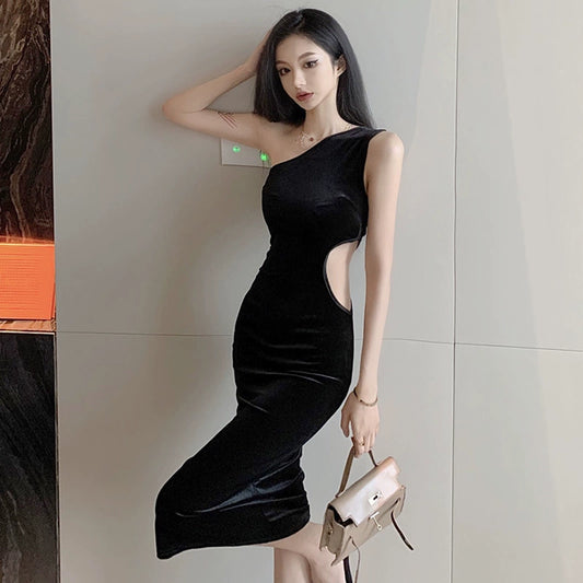 Internet Celebrity Sexy Push-up Gold Velvet Cut Out Midi Dress